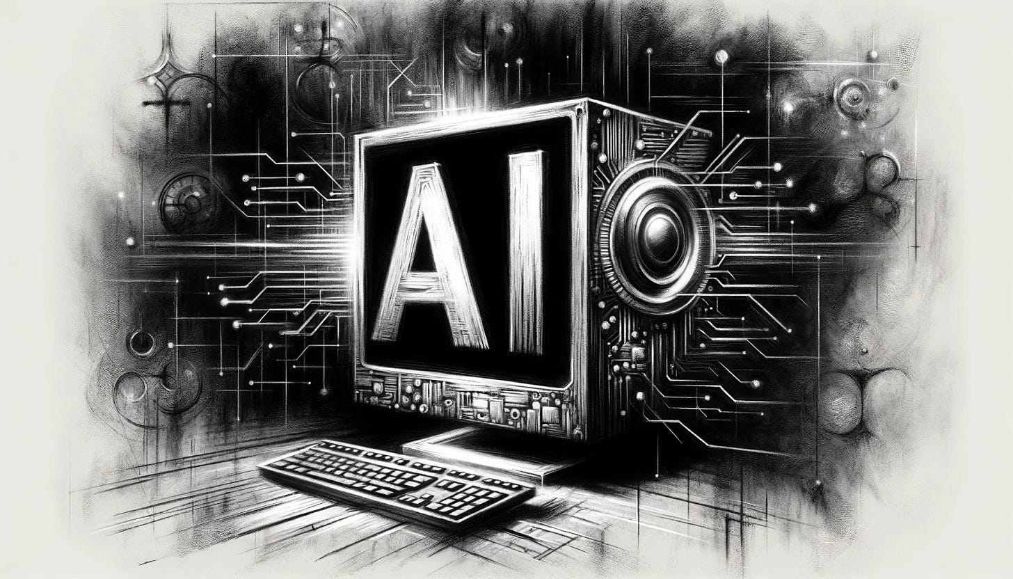 A rough charcoal drawing of an AI operating system concept, designed for a link preview image. Central to the composition are the large, bold initials 'AI' that dominate the scene. Instead of personifying AI, the artwork focuses on the computer itself: a modern, sleek device with visible circuits and a futuristic interface, symbolizing the AI's presence. The computer is set against a background that suggests digital connectivity and data flow, with abstract elements representing the digital realm. The drawing emphasizes texture and contrast, capturing the essence of charcoal art while highlighting the theme of advanced technology. A rough charcoal drawing of an AI operating system concept, designed for a link preview image. Central to the composition are the large, bold initials 'AI' that dominate the scene. Instead of personifying AI, the artwork focuses on the computer itself: a modern, sleek device with visible circuits and a futuristic interface, symbolizing the AI's presence. The computer is set against a background that suggests digital connectivity and data flow, with abstract elements representing the digital realm. The drawing emphasizes texture and contrast, capturing the essence of charcoal art while highlighting the theme of advanced technology.