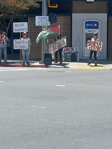 Photos of a small group of citizens holding signs on a small town streetcorner protesting the ongoing genocide in Gaza and Palestine.