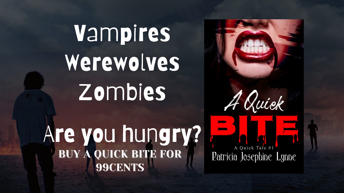 image of a woman with fangs. Promotion for A Quick Bite by Patricia JL.