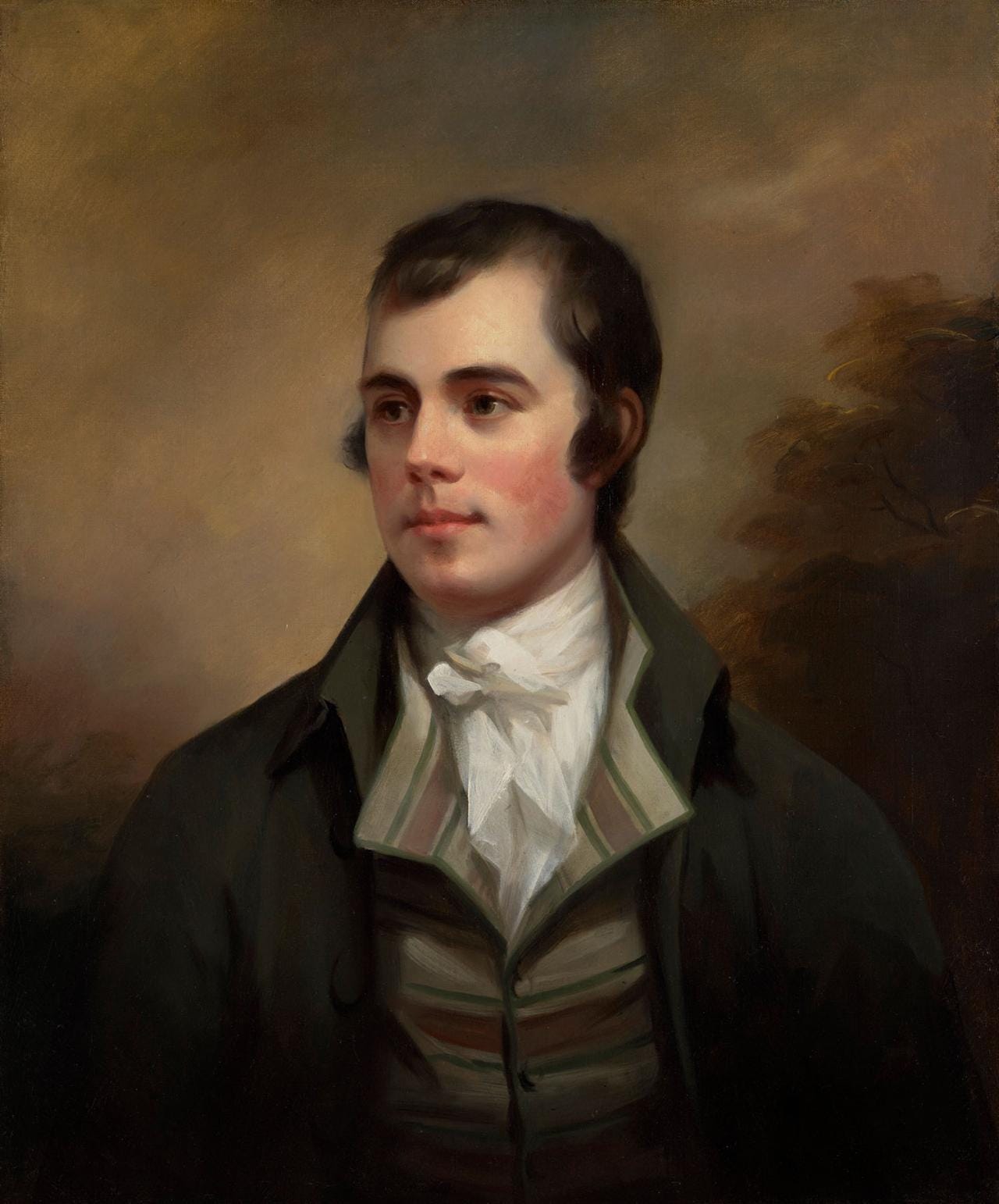 A portrait of Robbie Burns. He's wearing a dark coat and a striped waistcoat and looking off into the distance. A portrait of Robbie Burns. He's wearing a dark coat and a striped waistcoat and looking off into the distance.