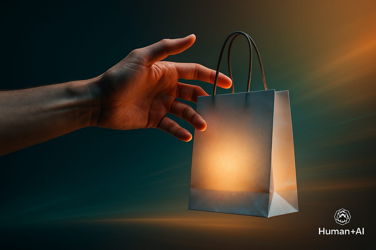 Alt text: A detailed hand hesitates mid-release of a softly glowing shopping bag, illuminated by teal and amber light, with the Human+AI logo in the bottom-right corner.