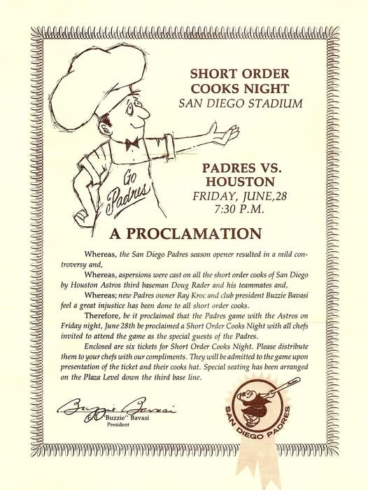 Flyer announcing and explaining the Padres' "Short Order Cooks Night" promotion on June 28, 1974. Flyer announcing and explaining the Padres' "Short Order Cooks Night" promotion on June 28, 1974.