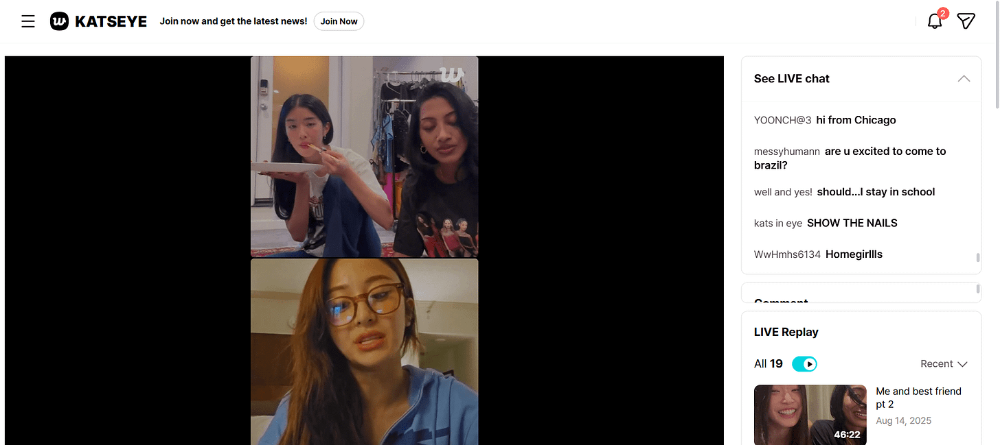 A screenshot of KATSEYE’s Weverse live with LE SSERAFIM’s Yunjin. The live chat can be seen on the right.