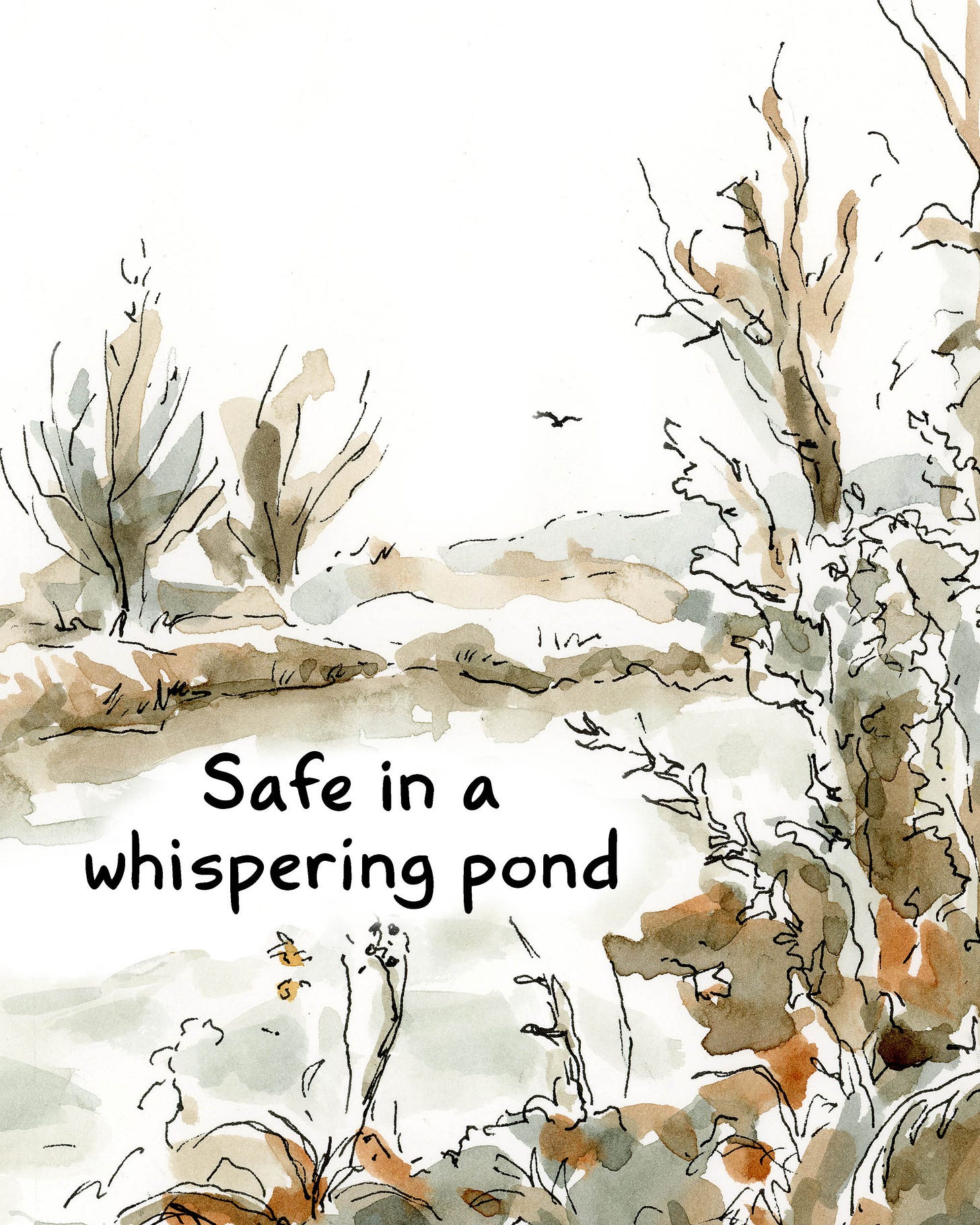 Watercolor comic page by graphic novelist K. Woodman-Maynard of a pond. Text reads, “ Safe in a whispering pond.” Watercolor comic page by graphic novelist K. Woodman-Maynard of a pond. Text reads, “ Safe in a whispering pond.”