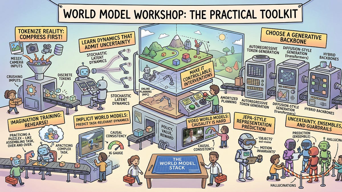 Layered diagram illustrating the stack of techniques in AI world models from tokenization to policy optimization