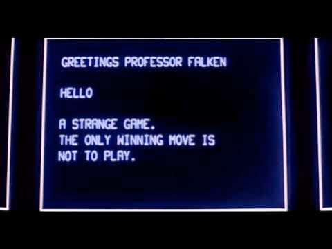 Retro green text on black computer screen interface shows Greetings Professor Falken at top followed by Hello below it then A strange game The only winning move is not to play displayed in glowing pixelated font typical of 1980s film depictions