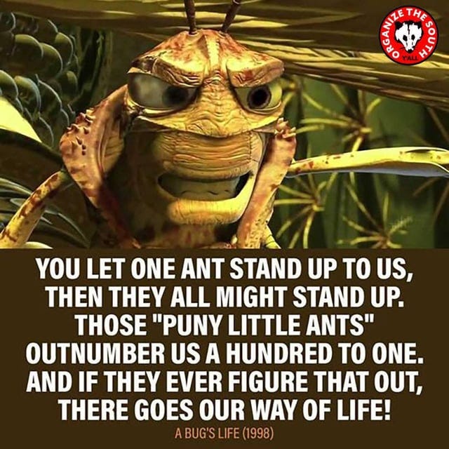 r/union - THE ORGANI Y'ALL NIZE UTH YOU LET ONE ANT STAND UP TO US, THEN THEY ALL MIGHT STAND UP. THOSE "PUNY LITTLE ANTS" OUTNUMBER US A HUNDRED TO ONE. AND IF THEY EVER FIGURE THAT OUT, THERE GOES OUR WAY OF LIFE! A BUG'S LIFE (1998)