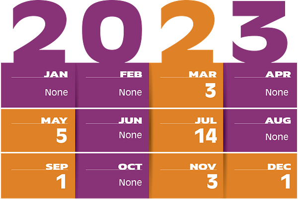 Calendar graphic that shows the 2023 Kalamazoo Art Hop dates of March 3, May 5, July 14, September 1, November 3, and December 1.