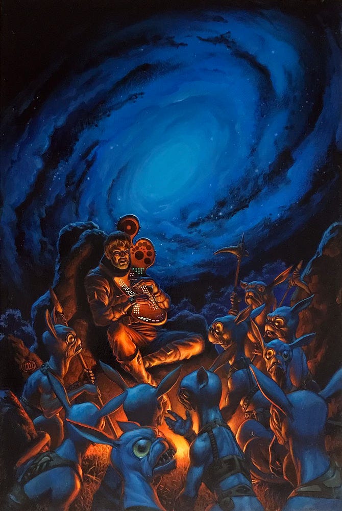 Lit by a campfire, a human with short blonde beard performs on a lute-like instrument for a group of aliens with big glassy eyes and long ears. They look like a cross between hairless rabbits and sphinx cats. Many hold primitive weapons and their expressions range from attentive to confused, but the mood seems social as they gather around the fire. The night sky is filled with a galactic spiral.