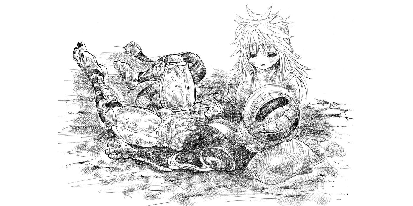 The dying Meruem being comforted by Komugi in Hunter x Hunter