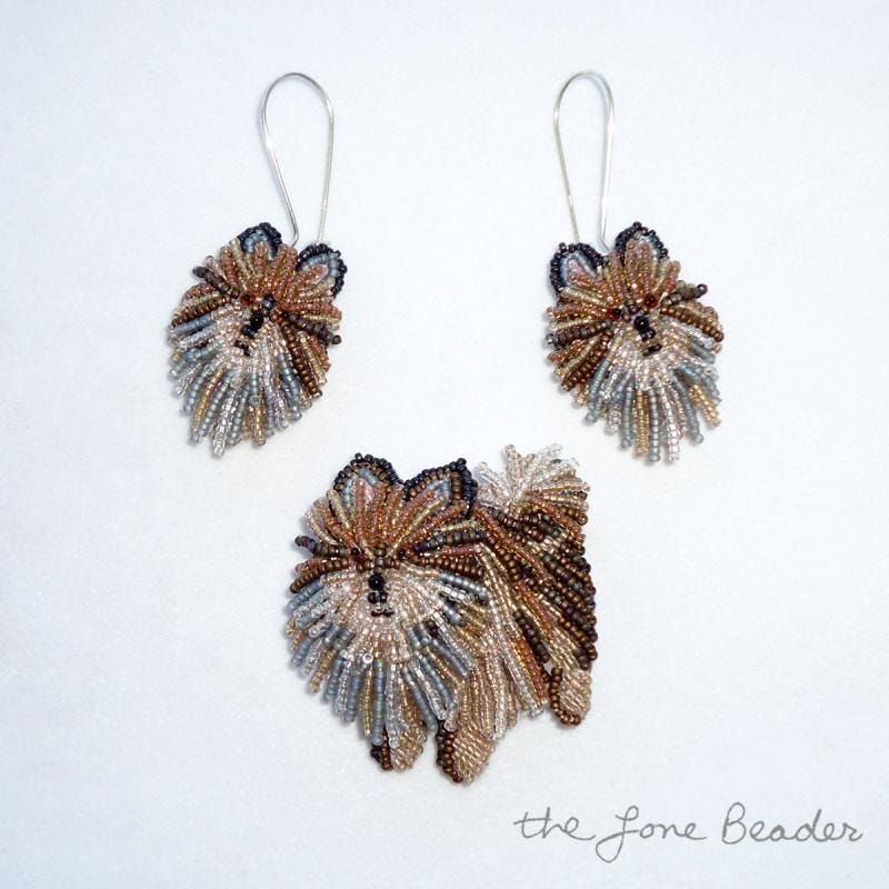beaded Pomeranian dog brooch earrings necklace set etsy custom jewelry dogs Poms brindle
