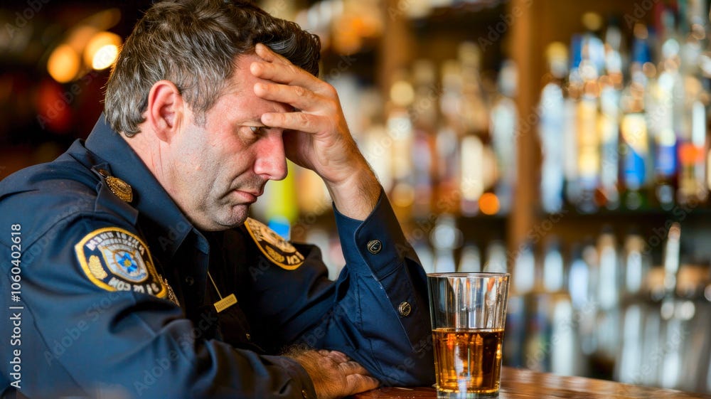 Police officer in uniform with half-drank beer