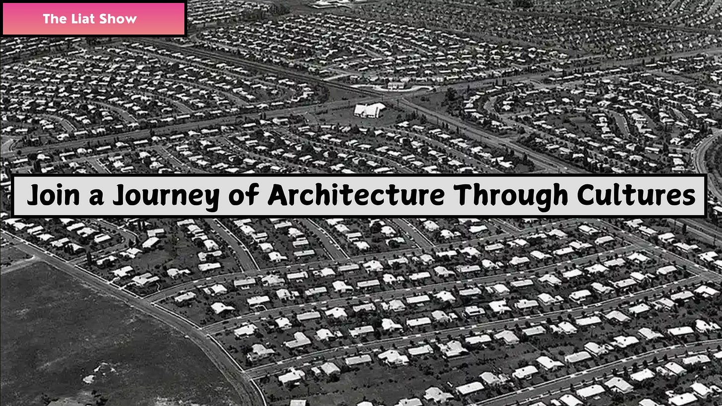 The Liat Show: A black-and-white aerial photograph of a sprawling suburban neighborhood in the United States, showcasing repetitive rows of nearly identical single-family homes arranged in curved, gridded streets. The image highlights the scale and uniformity of postwar American suburban planning.