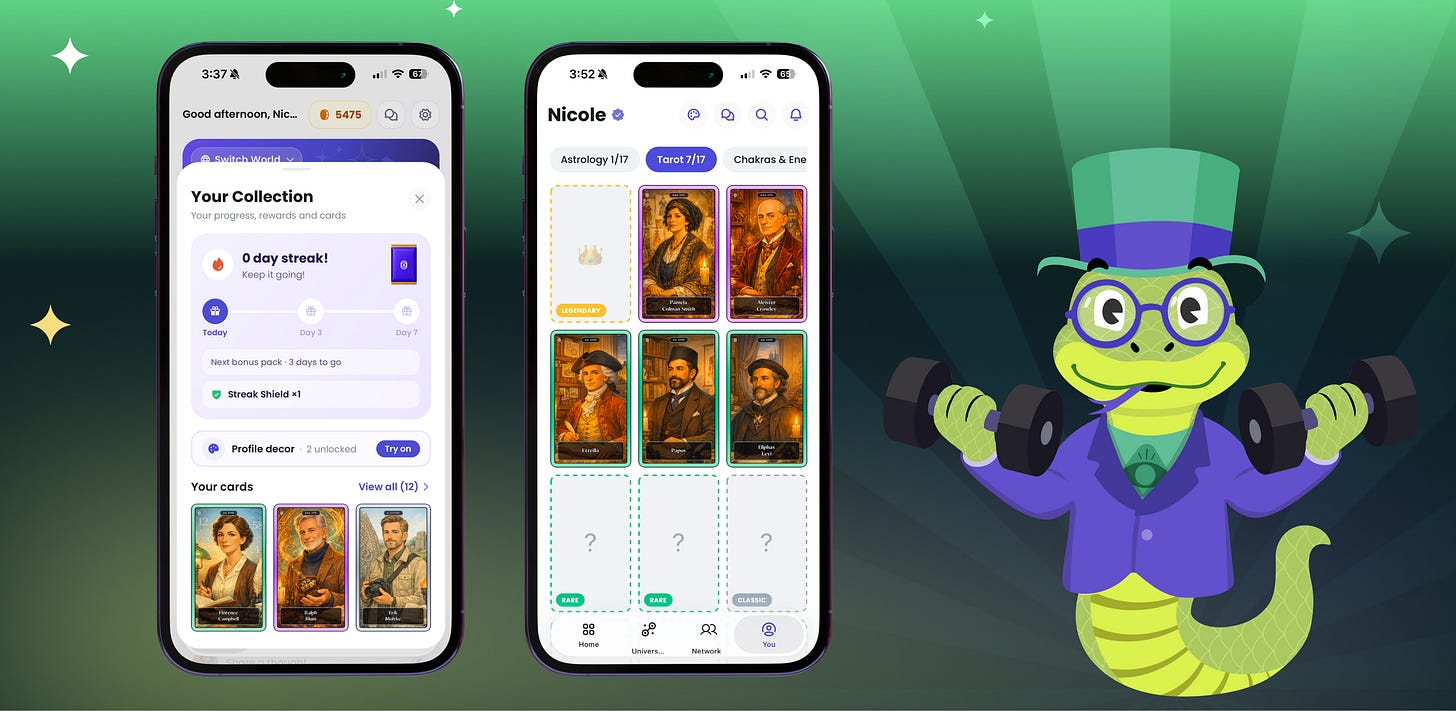 App screens showing a card collection and a user profile, with the lizard mascot beside them. App screens showing a card collection and a user profile, with the lizard mascot beside them.