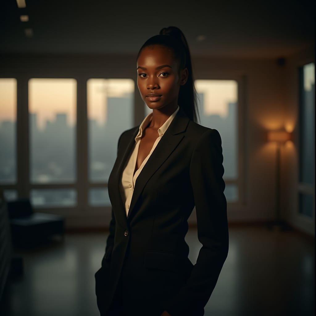 Young black professional woman in a tailored business suit, standing confidently in a dimly lit, high-ceilinged office, surrounded by cityscape views, cinematic lighting casting a warm glow on her determined expression