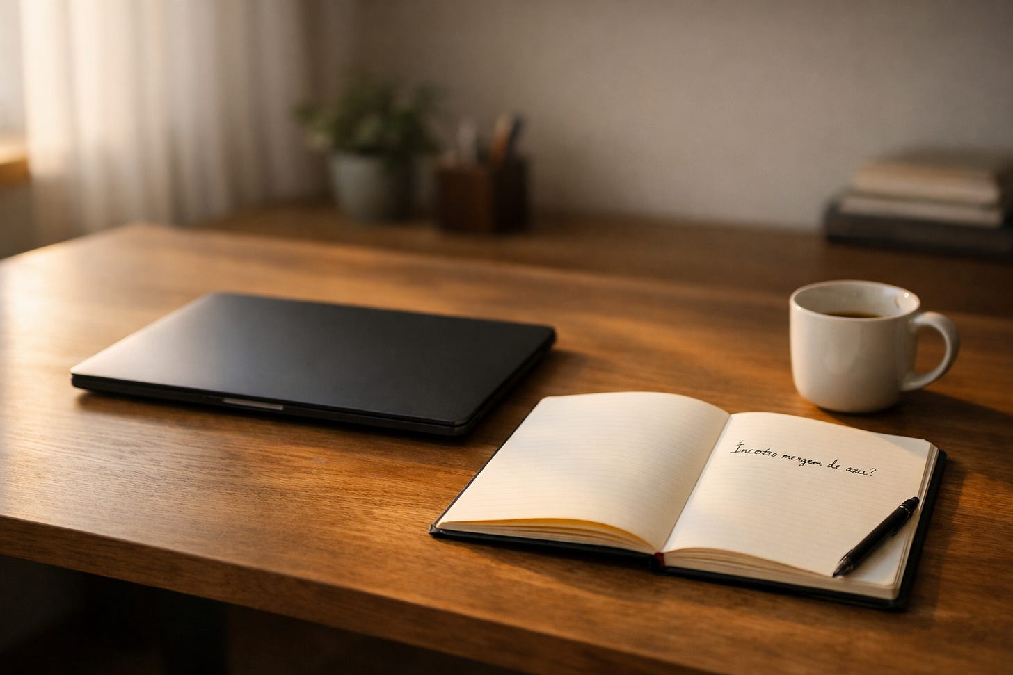 Laptop închis și agendă deschisă pe un birou luminos, sugerând reflecție asupra utilizării inteligenței artificiale. Laptop închis și agendă deschisă pe un birou luminos, sugerând reflecție asupra utilizării inteligenței artificiale.