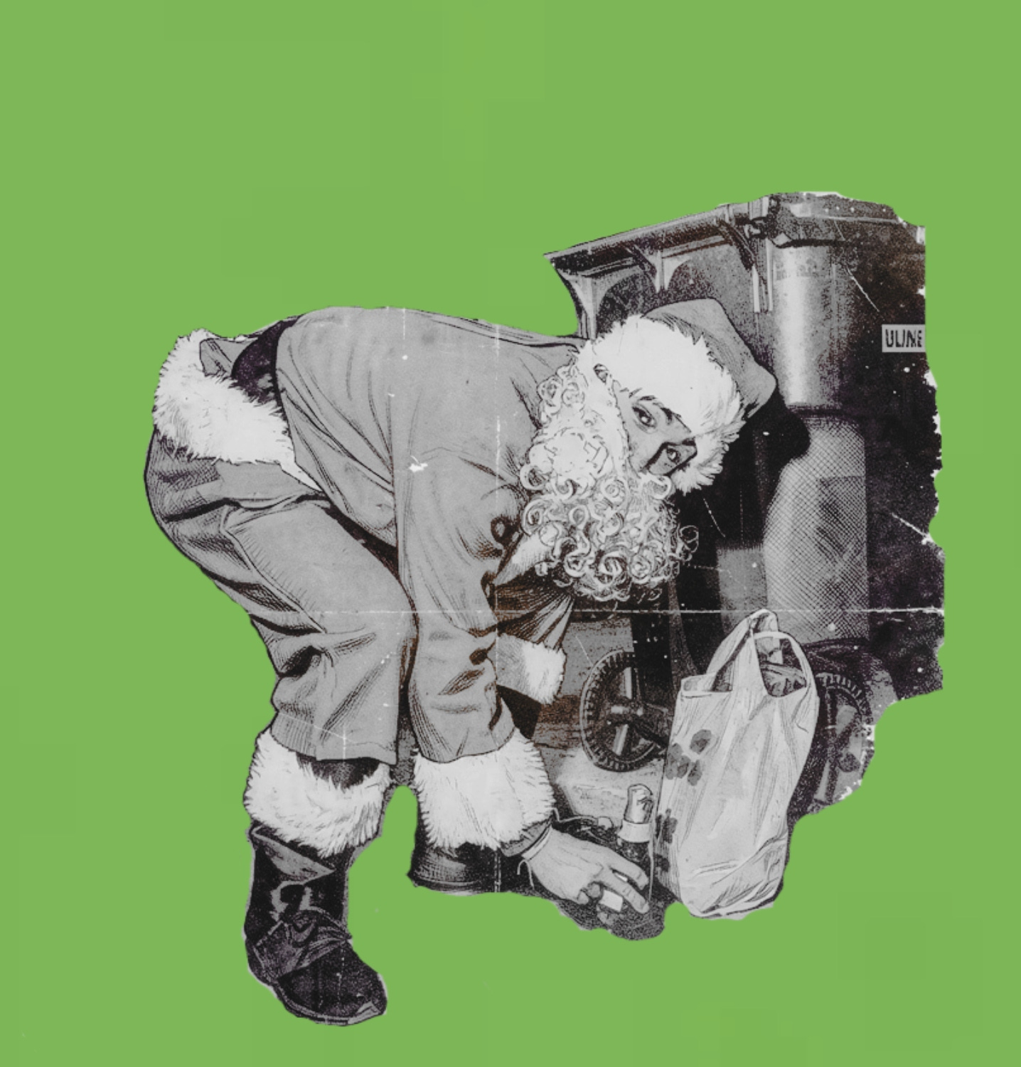 Image of a SantaCon santa bent over next to a garbage can, picking up a bottle of beer, looking depraved.