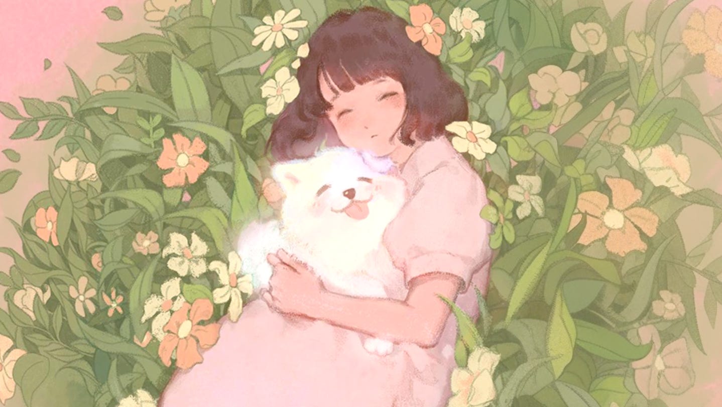 Anxiety Puppy Review: Artwork showing a young girl cuddling a fluffy white dog.