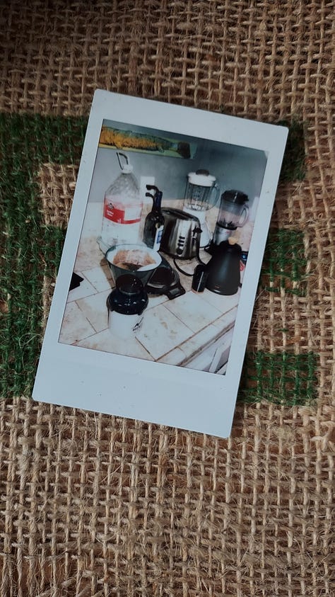 A collage of instant photographs of coffee mugs or a bald, bearded, white man drinking coffee