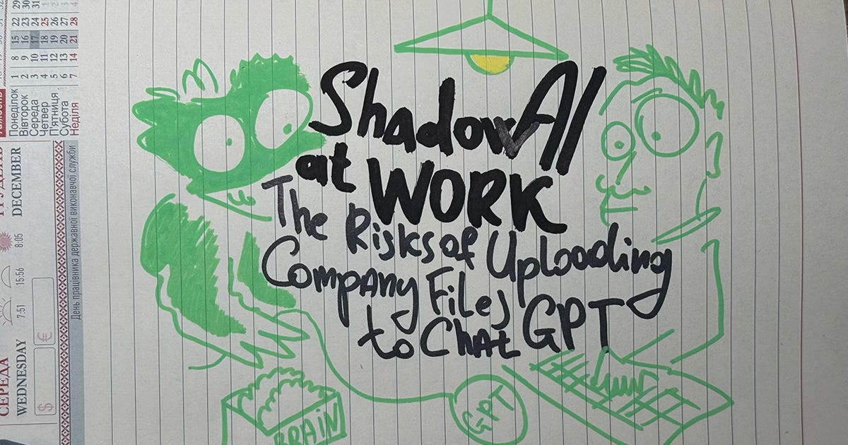 Illustration representing shadow AI in the workplace. A distracted office employee is drawn toward ChatGPT by a ghost-like figure while a boxed human brain sits between them, illustrating the hidden risks of uploading company files and confidential information to AI tools Illustration representing shadow AI in the workplace. A distracted office employee is drawn toward ChatGPT by a ghost-like figure while a boxed human brain sits between them, illustrating the hidden risks of uploading company files and confidential information to AI tools