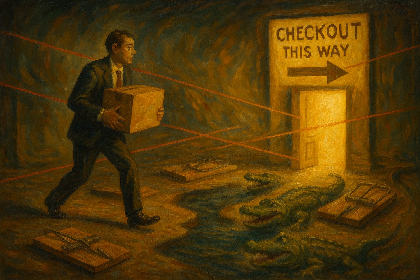 A surreal oil painting of a businessman carrying a cardboard box while navigating an obstacle-filled room. Between him and a glowing doorway marked “Checkout This Way” are laser tripwires, oversized mousetraps, and a moat with cartoonish alligators. The scene is humorous and symbolic, representing customer friction during the checkout process. A surreal oil painting of a businessman carrying a cardboard box while navigating an obstacle-filled room. Between him and a glowing doorway marked “Checkout This Way” are laser tripwires, oversized mousetraps, and a moat with cartoonish alligators. The scene is humorous and symbolic, representing customer friction during the checkout process.