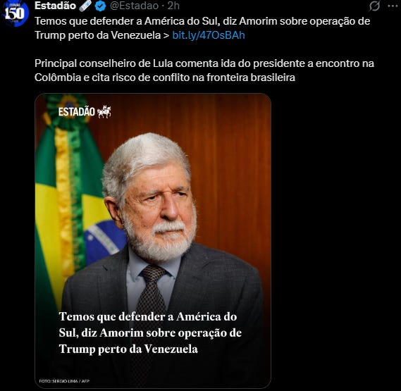 An older man with white hair and beard wearing a dark suit and tie stands in front of Brazilian and Venezuelan flags, speaking at a podium with microphones from Estadao and other outlets, overlaid text discusses defending South America and Celso Amorim commenting on Trumps threat to Venezuela.
