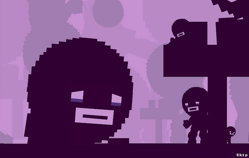 A group of strange figures standing in a blank void and looking miserable in Time Fcuk
