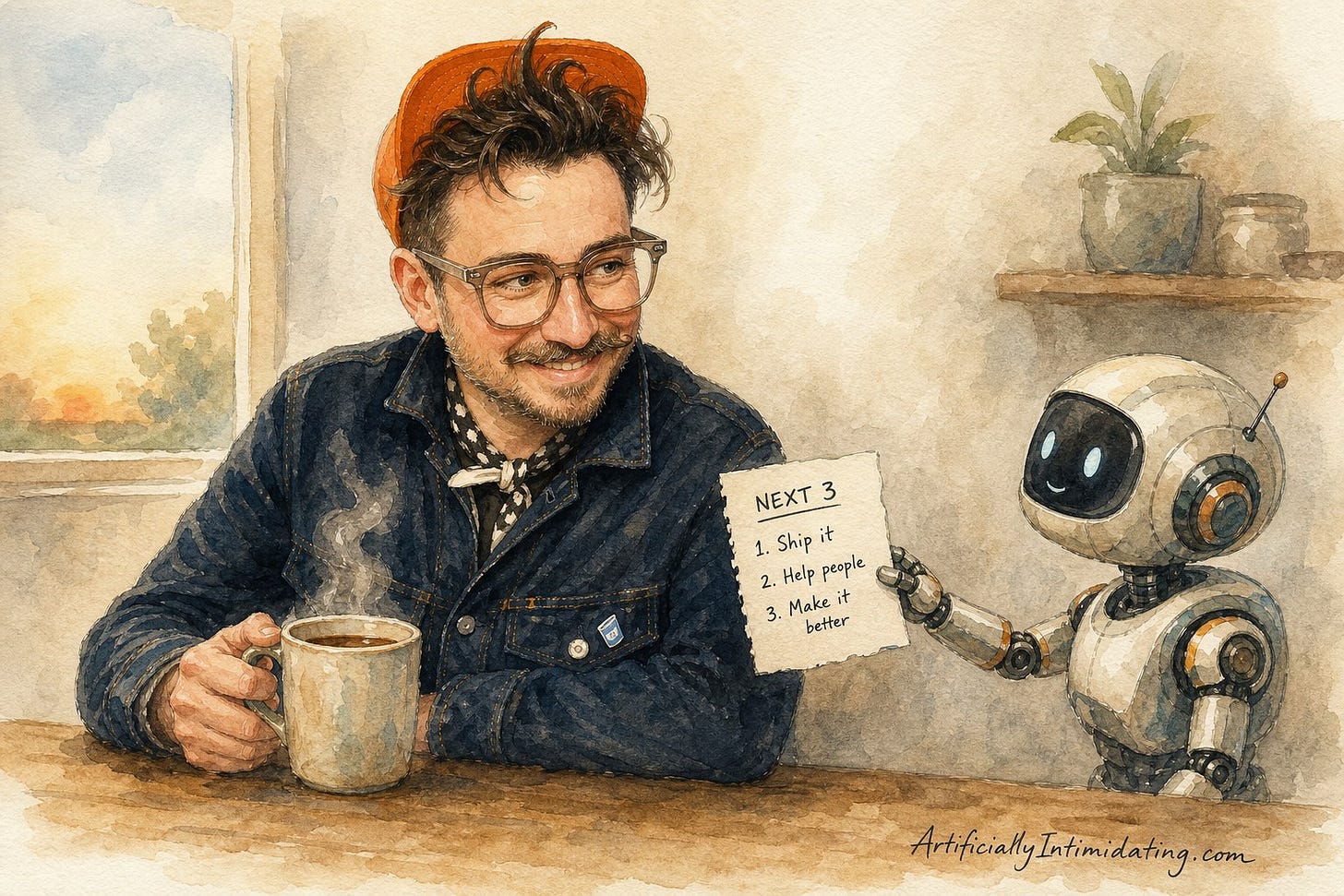 Watercolor illustration of the author at a kitchen table with a mug of coffee while a small robot hands him a torn slip of paper headed NEXT 3.