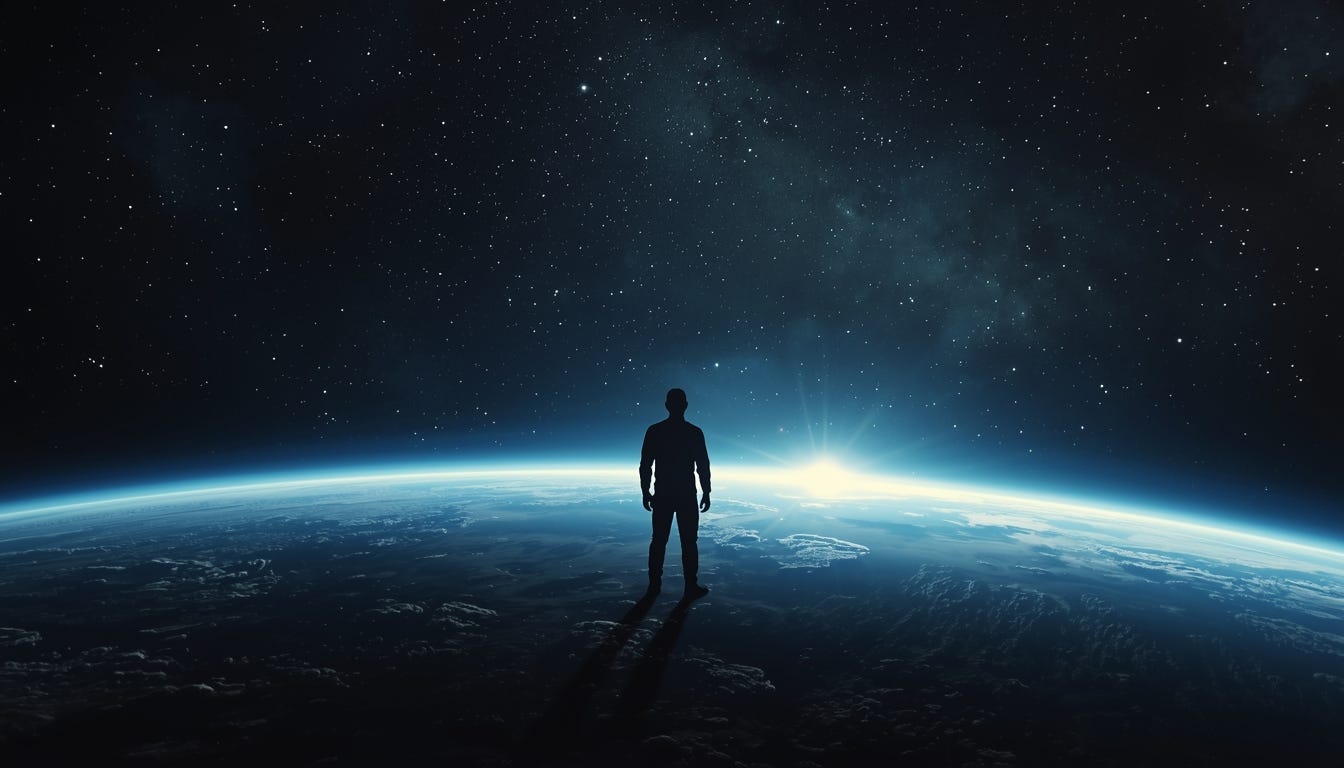 human standing outer space looking earth distance | Leonardo.Ai