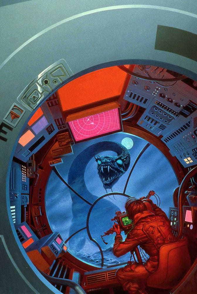 A long necked sea monster with a snake-like head, huge lidded eyes, and prominent fangs looms large on approach from the cockpit of a low flying spacecraft. The immediate foreground is saturated red, a contrast to the rough blue seas outside. The pilot grips the controls, studying the targeting screen in a tense moment of action as he locks onto the creature.