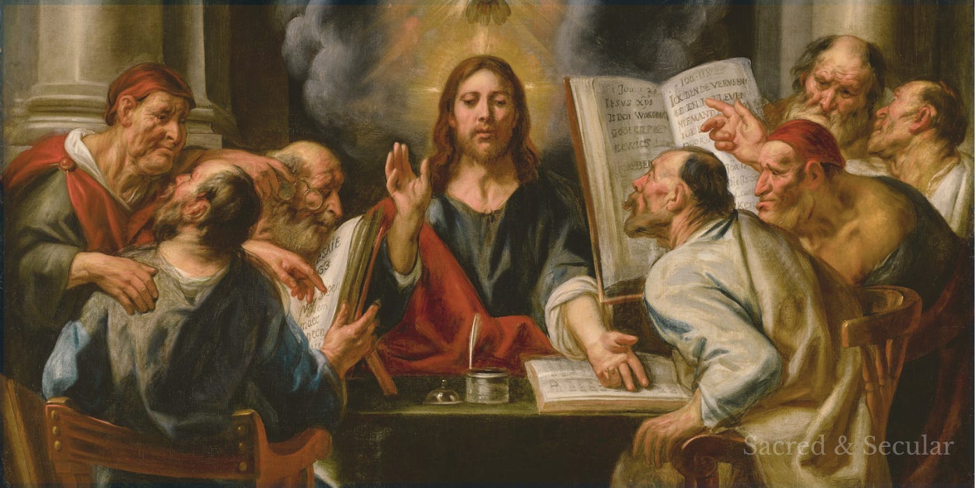 A classical oil painting depicting Jesus seated at a table surrounded by religious scholars. Open books and Scriptures lie before them as Jesus gestures while speaking. A classical oil painting depicting Jesus seated at a table surrounded by religious scholars. Open books and Scriptures lie before them as Jesus gestures while speaking.