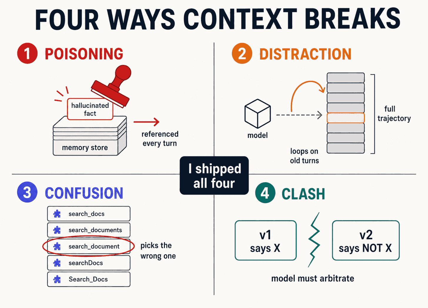 Four-quadrant editorial infographic titled Four Ways Context Breaks, ink on warm off-white with one accent per quadrant. Top-left POISONING (red accent): a small box labeled hallucinated fact stamped into a memory store, arrow reading referenced every turn. Top-right DISTRACTION (amber accent): a tall stack of grey history blocks labeled full trajectory with the model arrow pointing back at old turns instead of forward. Bottom-left CONFUSION (indigo accent): a long menu of near-identical tool cards with the wrong one circled. Bottom-right CLASH (teal accent): two boxes labeled v1 says X and v2 says NOT X connected by a jagged contradiction line. Center label: I shipped all four. Four-quadrant editorial infographic titled Four Ways Context Breaks, ink on warm off-white with one accent per quadrant. Top-left POISONING (red accent): a small box labeled hallucinated fact stamped into a memory store, arrow reading referenced every turn. Top-right DISTRACTION (amber accent): a tall stack of grey history blocks labeled full trajectory with the model arrow pointing back at old turns instead of forward. Bottom-left CONFUSION (indigo accent): a long menu of near-identical tool cards with the wrong one circled. Bottom-right CLASH (teal accent): two boxes labeled v1 says X and v2 says NOT X connected by a jagged contradiction line. Center label: I shipped all four.