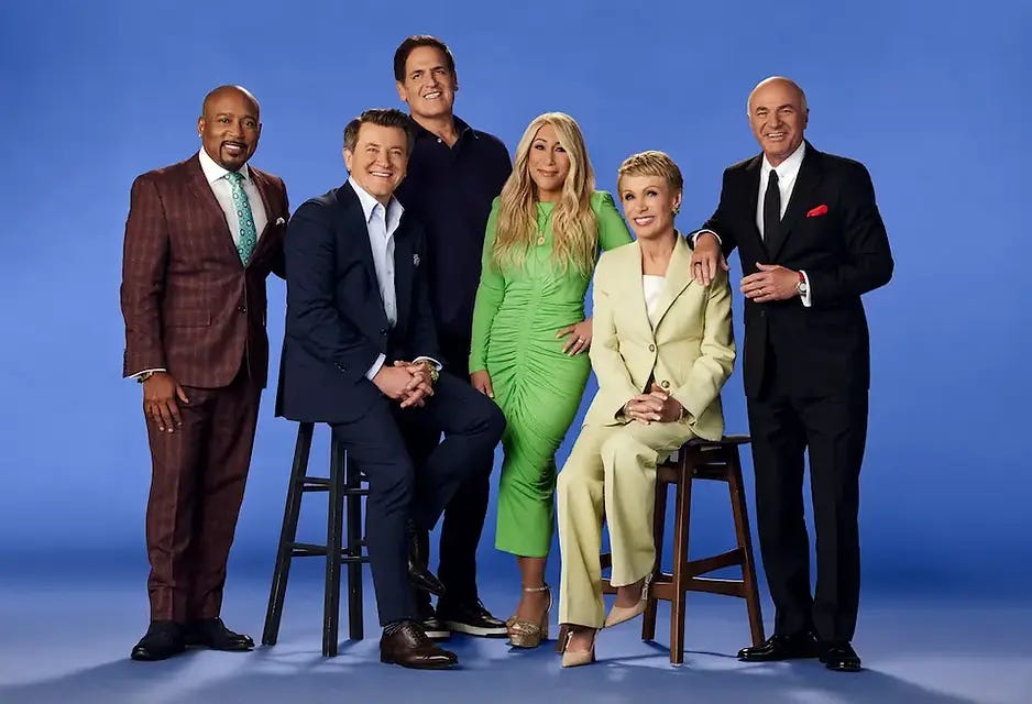 Photo of the investors on Shark Tank US: Daymond John, Robert Herjavec, Mark Cuban, Lori Greiner, Barbara Corcoran, Kevin O'Leary