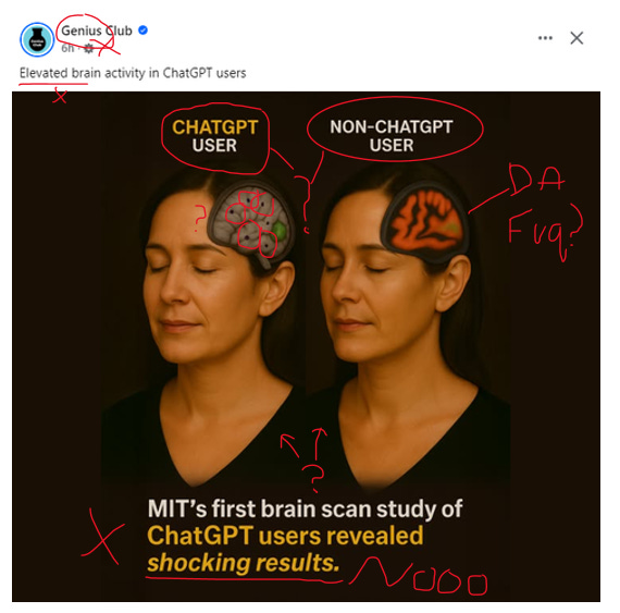 A post about the ChatGPT and the brain study by MIT, from Genius Club, the Facebook group, with many notes by me about how it's ludicrously wrong. A post about the ChatGPT and the brain study by MIT, from Genius Club, the Facebook group, with many notes by me about how it's ludicrously wrong.