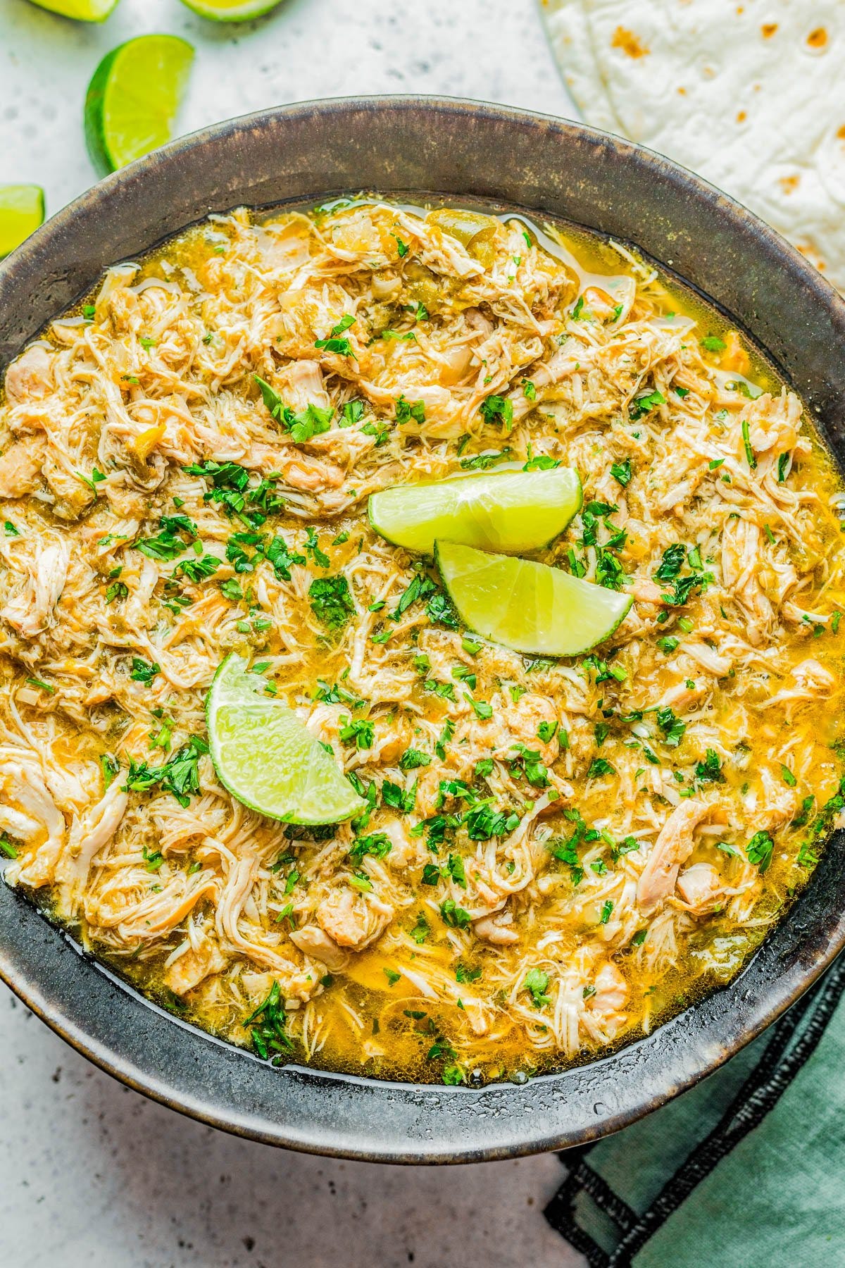A bowl of slow cooker green chile chicken. 