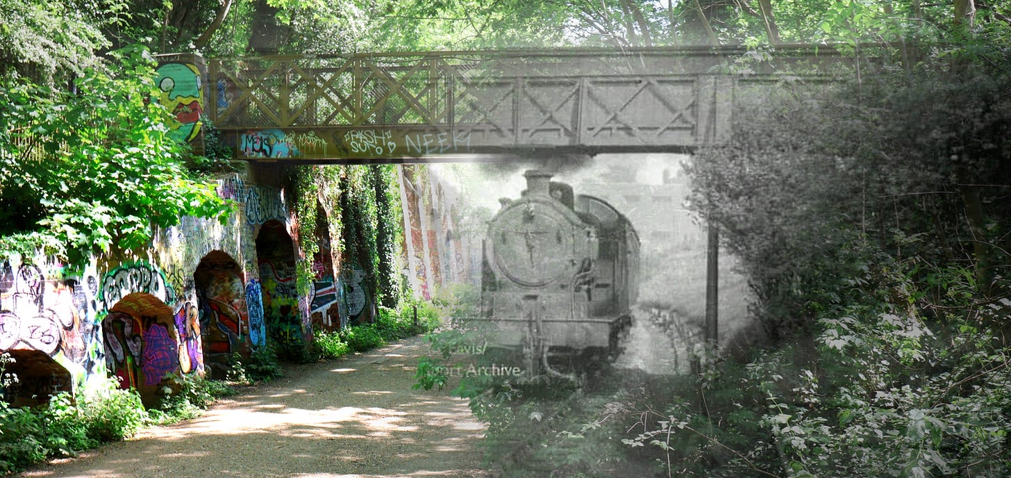 Historical photograph of a steam train overlaid on present-day image of Parkland Walk green corridor in Highgate, showing trees, graffiti-covered bridge, and path where the railway once ran