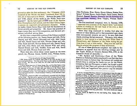 Scanned two-page spreads from an 1867 history book, dense columns of printed text with passages highlighted in yellow and purple marking references to early Welsh settlers on the Pedee River in colonial South Carolina, including the surname Sorrency in several spellings.