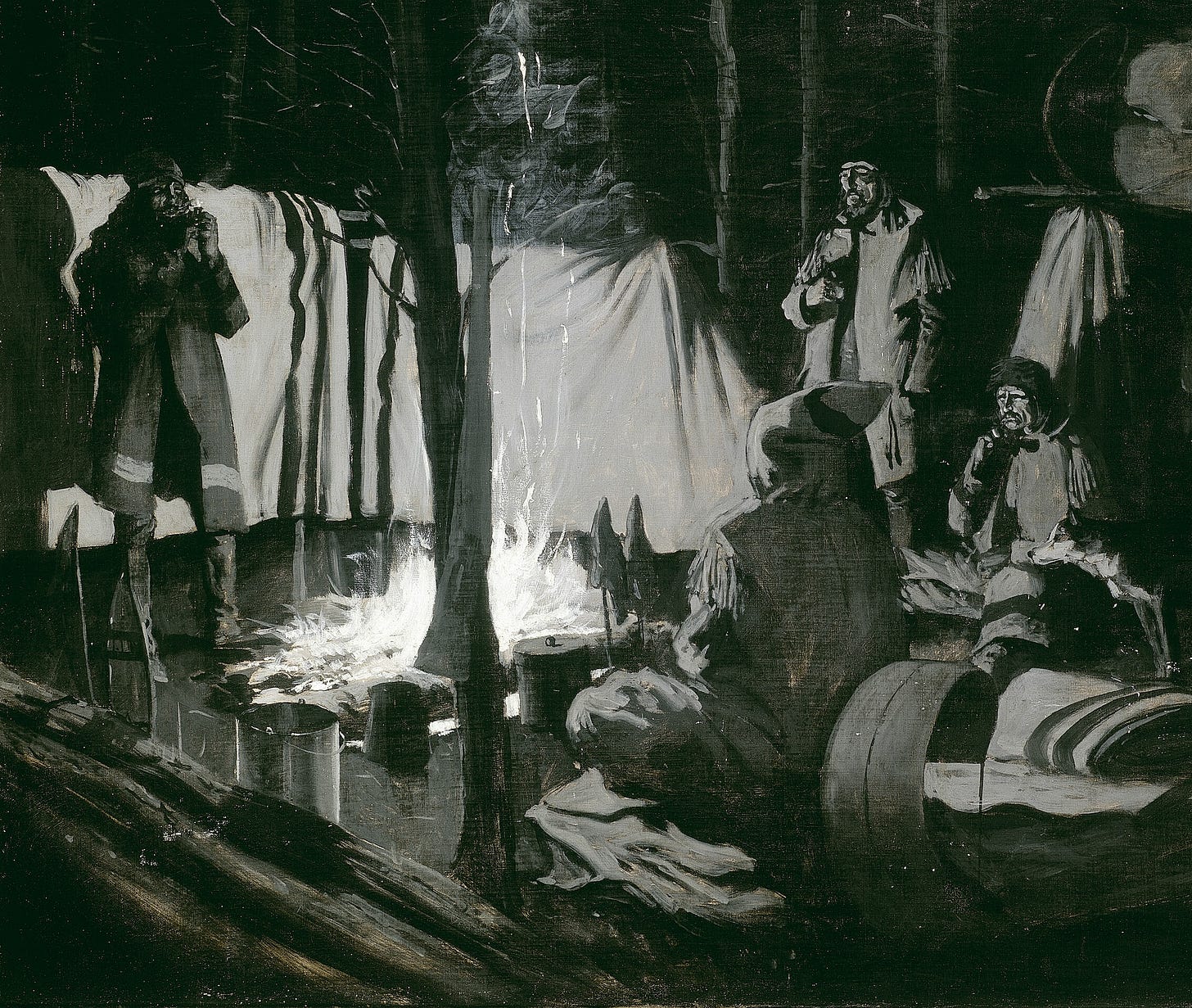 A painting of four men surrounding a fire at a camp site.