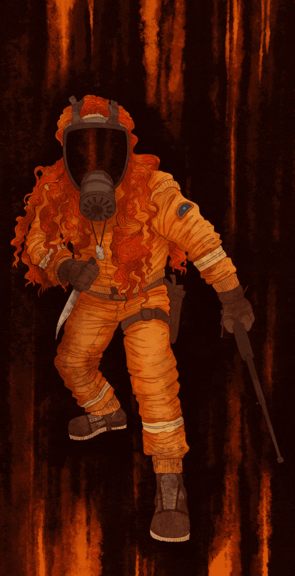 gif of The Sleeper, Wake holding knife and baton with a skull flashing beneath the visor of her haz suit gif of The Sleeper, Wake holding knife and baton with a skull flashing beneath the visor of her haz suit
