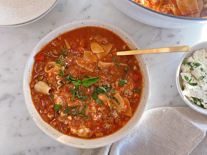 Lasagna Soup with dollop of dairy-free ricotta mixture