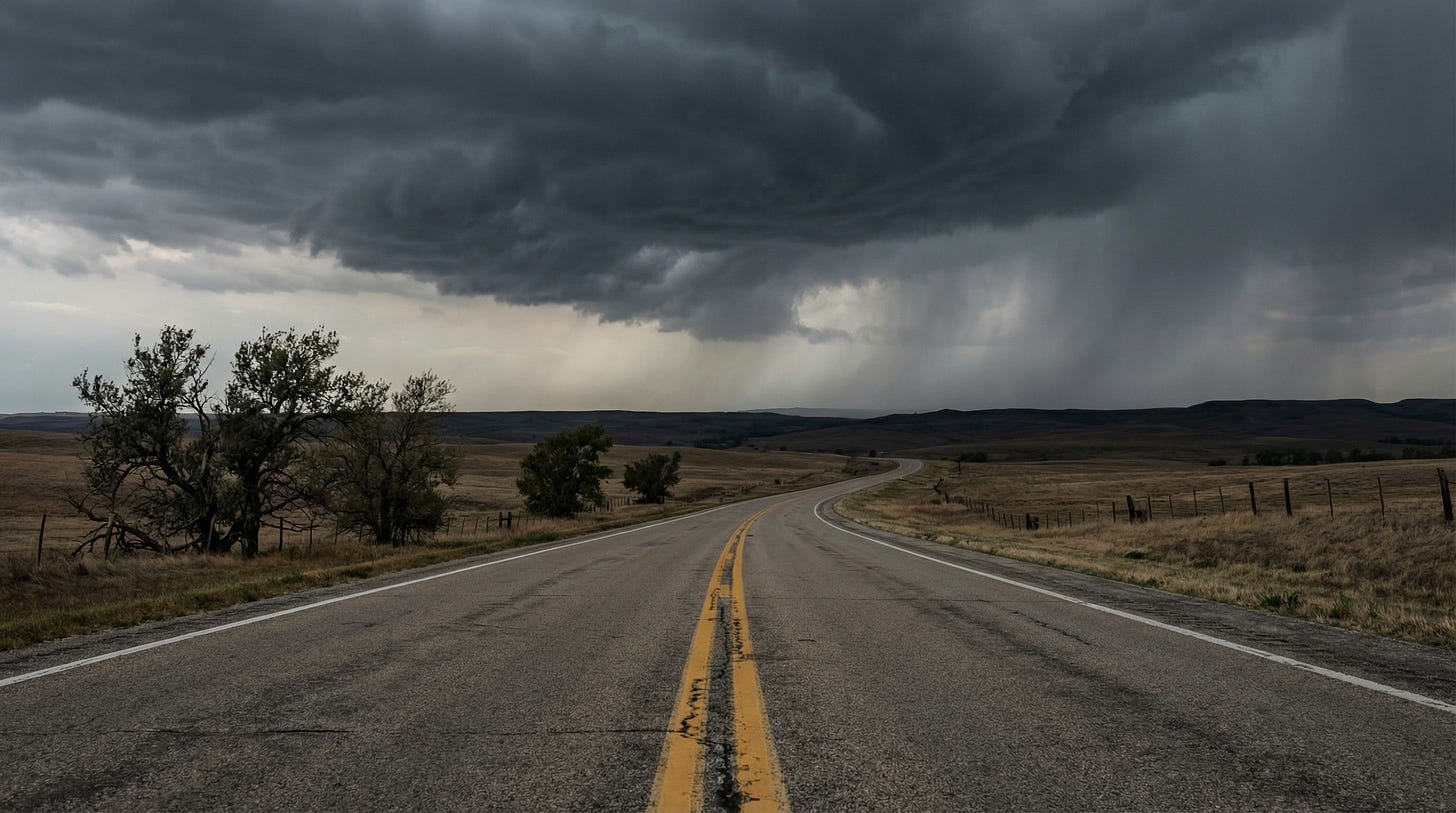 AI-generated illustration of an empty road stretching into distance with a storm ahead, symbolizing ongoing developments and uncertainty.