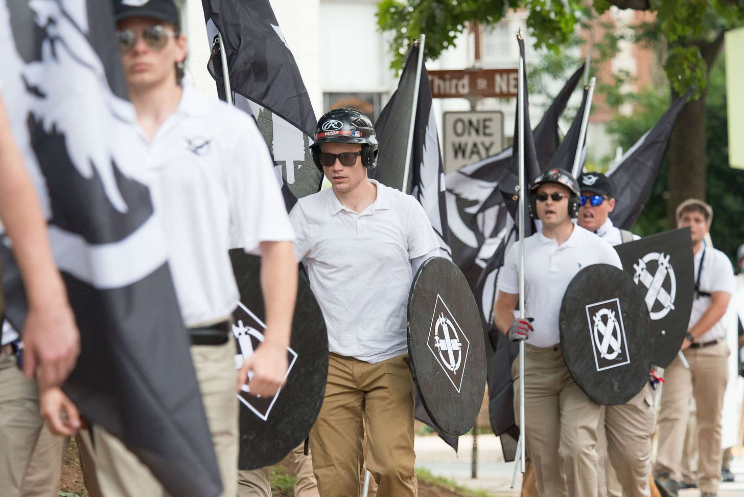 Neo-Nazis, white supremacists and other alt-right factions scuffled with counter-demonstrators near Emancipation Park (Formerly "Lee Park") in downtown Charlottesville, Virginia.