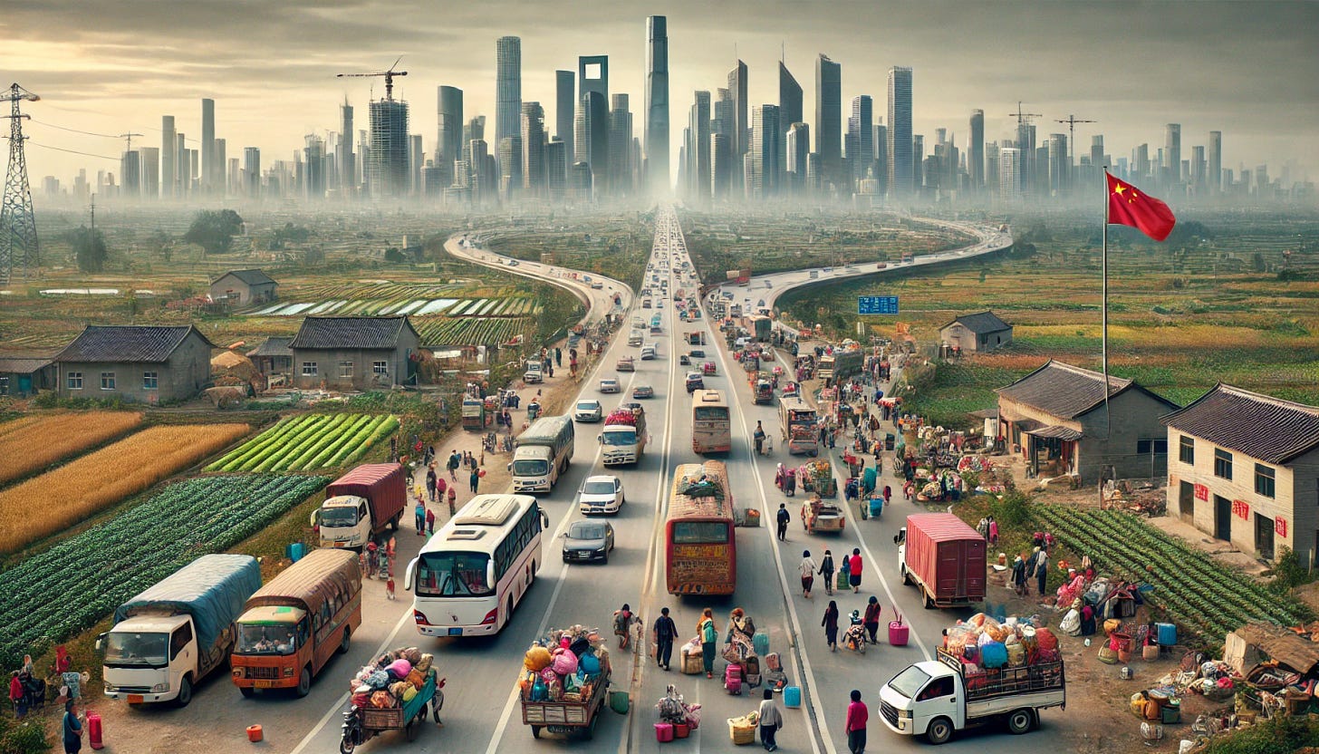 A wide aspect ratio, real-life-like image showing how Chinese people are aggressively moving from rural to urban setups. The scene includes a busy highway filled with buses, trucks, and cars, all heading towards a modern city skyline in the distance. In the foreground, people are seen packing their belongings, saying goodbye to family members, and boarding vehicles. The background features a contrast between traditional rural landscapes with farms and fields and the towering skyscrapers of the city. The overall atmosphere is dynamic and bustling, capturing the rapid urban migration and the transition from rural to urban life in China. A wide aspect ratio, real-life-like image showing how Chinese people are aggressively moving from rural to urban setups. The scene includes a busy highway filled with buses, trucks, and cars, all heading towards a modern city skyline in the distance. In the foreground, people are seen packing their belongings, saying goodbye to family members, and boarding vehicles. The background features a contrast between traditional rural landscapes with farms and fields and the towering skyscrapers of the city. The overall atmosphere is dynamic and bustling, capturing the rapid urban migration and the transition from rural to urban life in China.