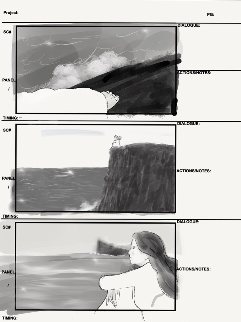 storyboards from the movie The Not depicting a bride sitting on the edge of an ocean cliff
