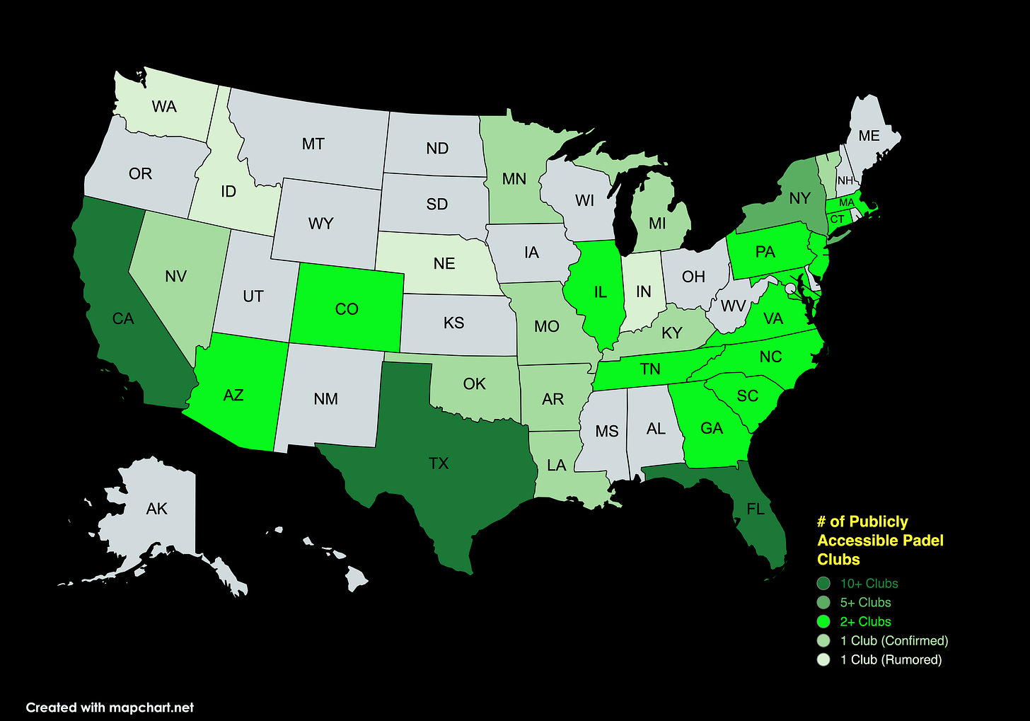 Map showing which US states have the most padel clubs