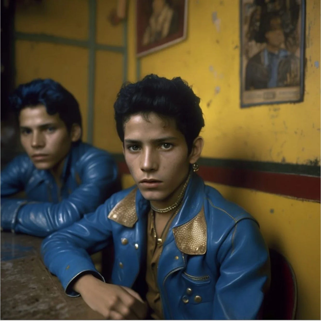 An AI-generated image of a man in a blue leather jacket.