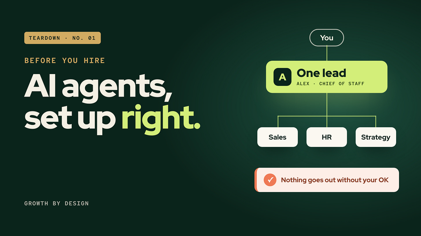 AI agents, set up right: one lead (Alex, chief of staff) over sales, HR and strategy threads, and nothing goes out without your OK.