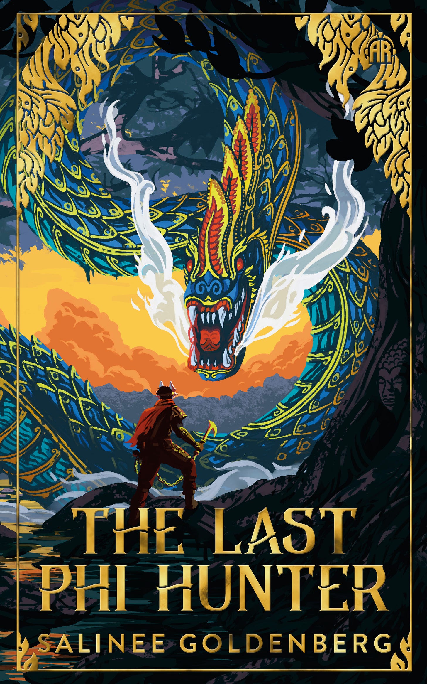 The Last Phi Hunter by Salinee Goldenberg cover art with blue and gold monster and the monster hunter preparing to fight it