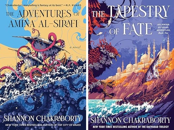 On the left: book cover of The Adventures of Amina al-Sirafi shows a tentacles wrapped around a ship. On the right: book cover of The Tapestry of Fate shows a magical bird and an ancient city.