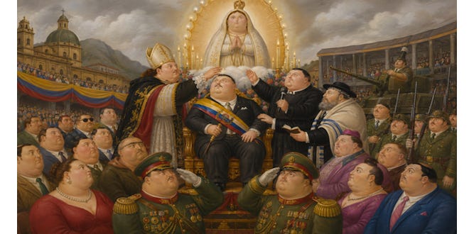 Scène satirique dans le style de Botero avec des personnages volumineux : un président arborant une écharpe tricolore occupe le centre d’une cérémonie, entouré d’un évêque, d’un pasteur, d’un rabbin, de hauts gradés de l’armée et de nombreux invités. Au-dessus d’eux apparaît une grande Vierge illuminée par des bougies, tandis que des soldats saluent et qu’une foule observe depuis les gradins.